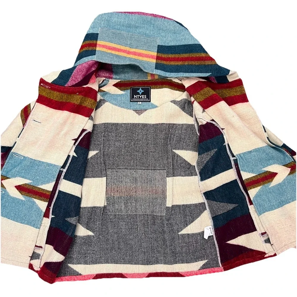 NTVES Jacket Geometric L Alpaca‎ Southwest Aztec Patchwork Ecuador Handmade Wool